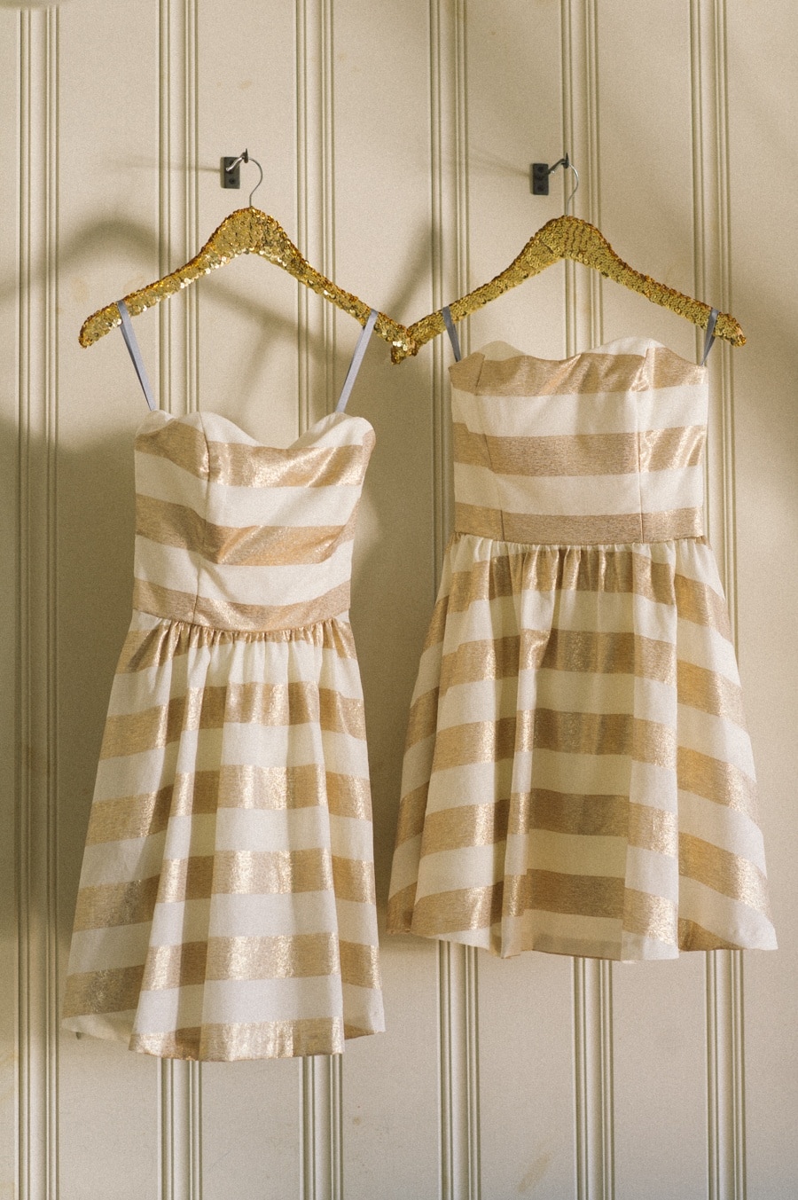 Preppy Gold Stripe Bridesmaid Dresses | Kat Harris Photography | https://heyweddinglady.com/playful-pink-gold-preppy-bridal-shoot/ Gold Stripe Bridesmaid Dresses